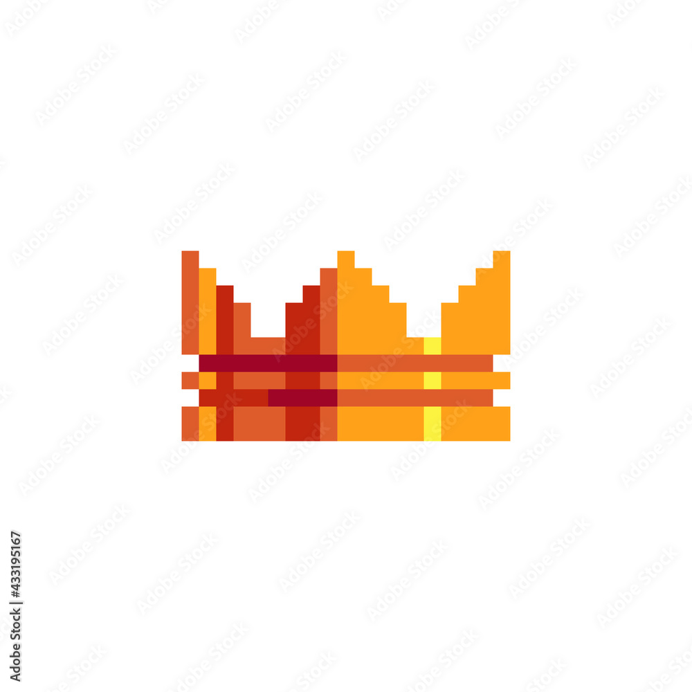 Golden crown. Pixel art icon. Flat style. 8-bit. Sticker design. Isolated vector illustration.