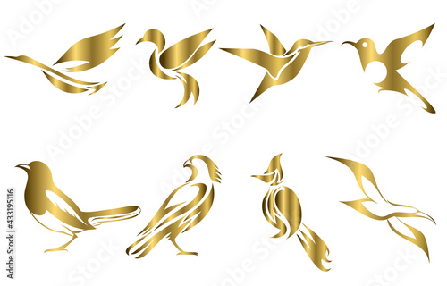 Set of gold vector images of various birds such as heron hummingbird magpie falcon seagull and Spigot bulbul Good use for symbol mascot icon avatar and logo photo