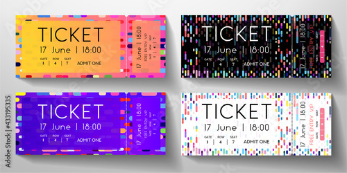 Admission ticket set. Template with circular dots and vertical colorful line on black and white background. Vector design for musical event, performance