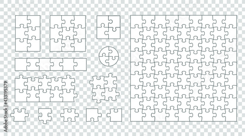 Jigsaw puzzle pattern template in different sizes. Isolated illustration of puzzle piece set. Vector illustration