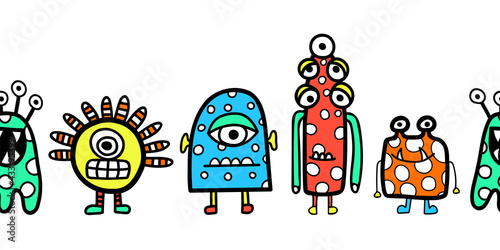 Kids border cute alien monster robot seamless vector. Repeating horizontal pattern for children. Banner design for fabric trim, card decor, Halloween, costume party, birthday, footer, header, divider.