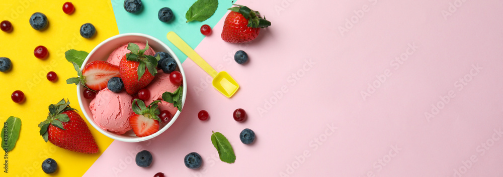 Fruit ice cream and ingredients on color background Fruit ice cream and ingredients on color background