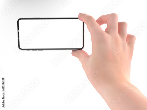 3D rendering of hand emerged from the ground and holding new Smartphones white screen on white floor. Smartphones white screen can be used for advertising, Isolated on white background, illustration.