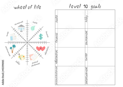 Vector illustration with Wheel of Life - diagram with blank lines to fill. Printable A4 paper sheet for coaching tool, bullet journal page, daily planner template, blank for notebook