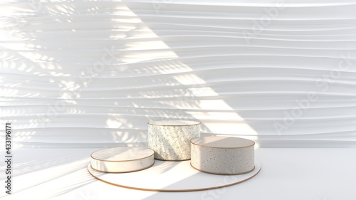 3D rendering of Round marble Podium, golden border, Sunlight shines The white wall into waves scene with shadow of leaf. Pedestal Can be used for commercial advertising, Isolated on white background.
