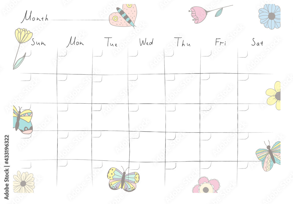 Printable A4 paper sheet with monthly planner blank to fill on background with hand drawn flowers. Minimalist planner for bullet journal page, habit tracker, daily planner template, blank for notebook - obrazy, fototapety, plakaty 