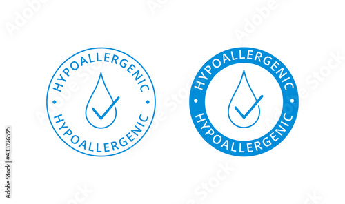 Hypoallergenic label for beauty product package, soap, hand sanitizer, washing gel, allergen free stamp, water drop icon, skin care tag