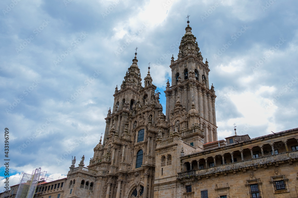 View of the facade of the Obradoiro, Cathedral of Santiago de Compostela. Galicia, Spain.