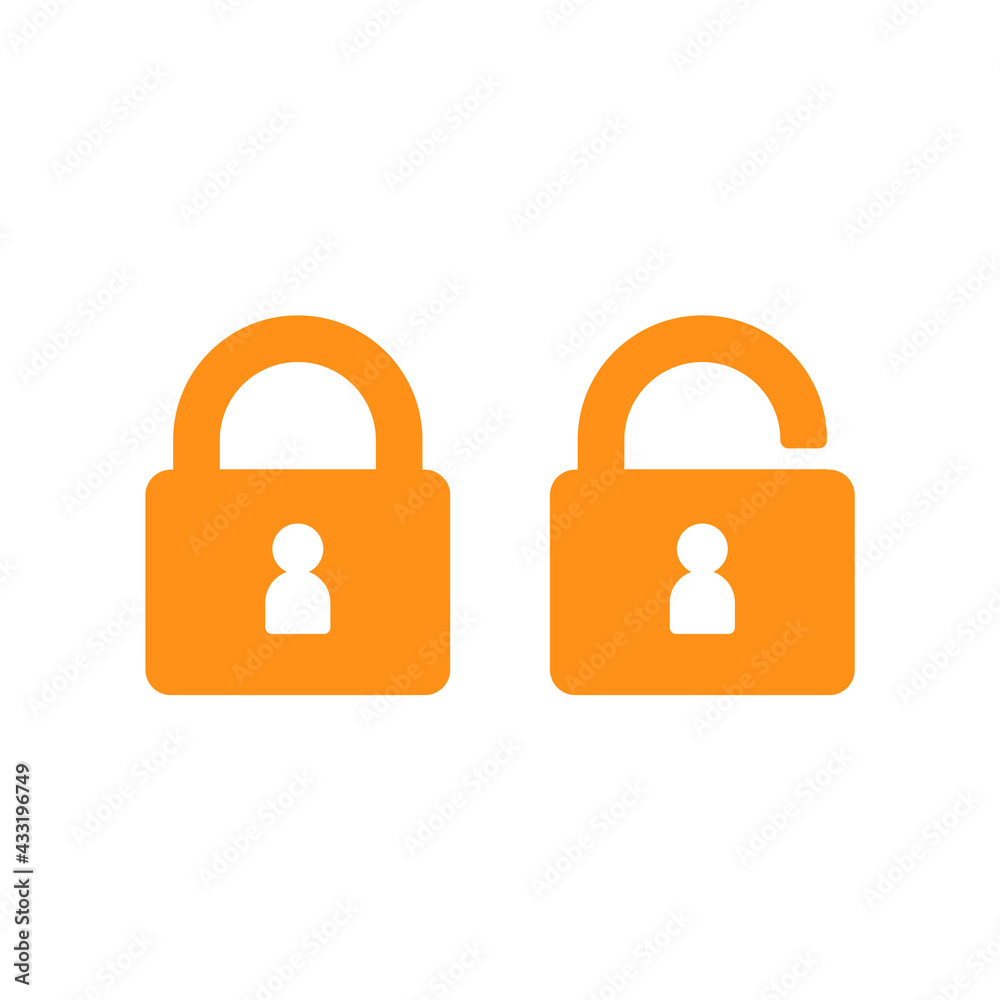 Open and closed lock with human silhouette keyhole vector icon. Self  isolation at home, under lock, quarantined person observation logo. Private  life open and close sign. Ban and unban symbol Stock Vector