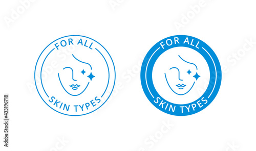 For all skin types label, beauty logo, tag, stamp for skincare packaging. Icon for cream, toner, moisturizer, facial mask, lotion