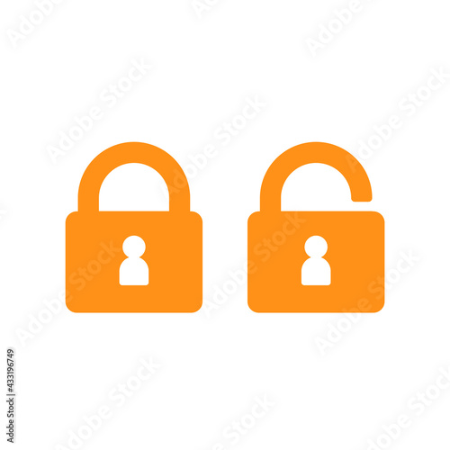 Open and closed lock with human silhouette keyhole vector icon. Self isolation at home, under lock, quarantined person observation logo. Private life open and close sign. Ban and unban symbol
