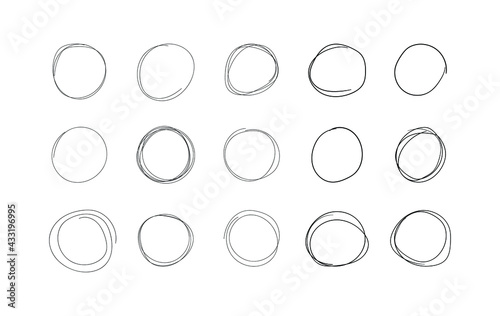 Vector collection of handdrawn circles  black lines isolated on white background  circular scribble doodle round shape frames.