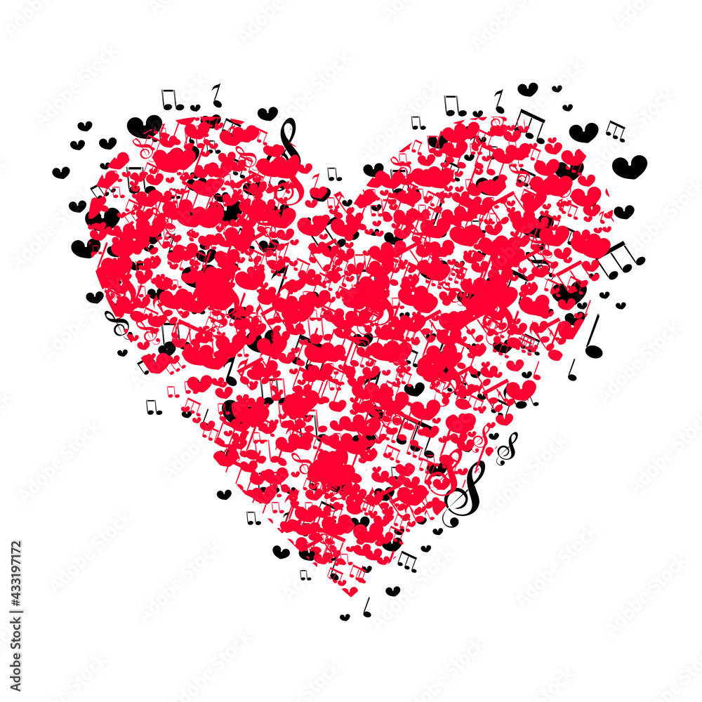 Heart of notes and hearts Happy Valentines Day music from heart sketch cartoon. Vector design for t-shirt graphics, banner, fashion prints, slogan tees, stickers, flyer, posters.