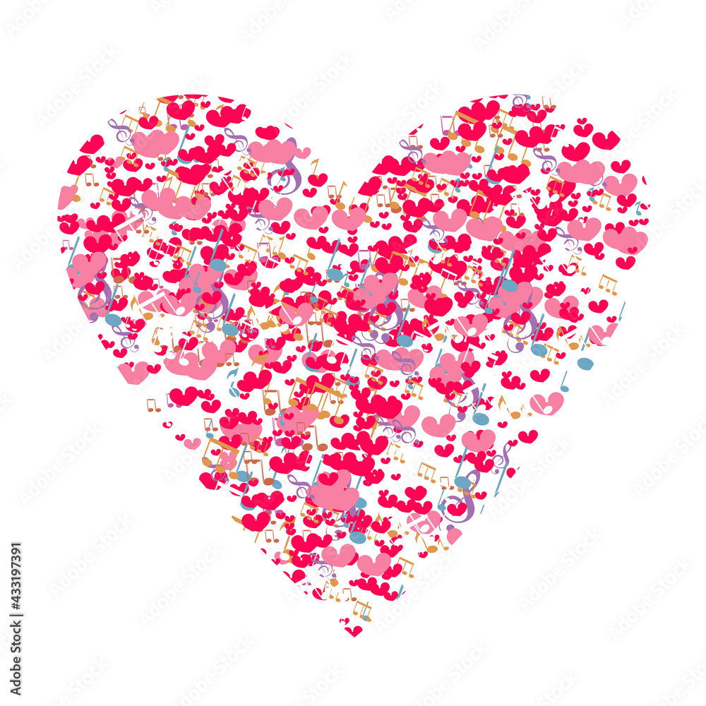 Heart of notes and hearts Happy Valentines Day music from heart sketch cartoon. Vector design for t-shirt graphics, banner, fashion prints, slogan tees, stickers, flyer, posters.