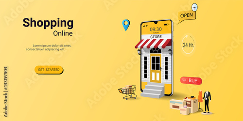 Online shopping on mobile Application with global network. Modern marketing and Digital marketing. Concept of web page design for website, banner and mobile website. 3D vector illustration