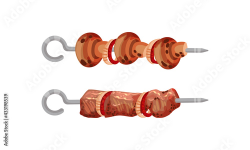 Meat and Vegetables Slabs Skewered on Metal Spits Vector Set