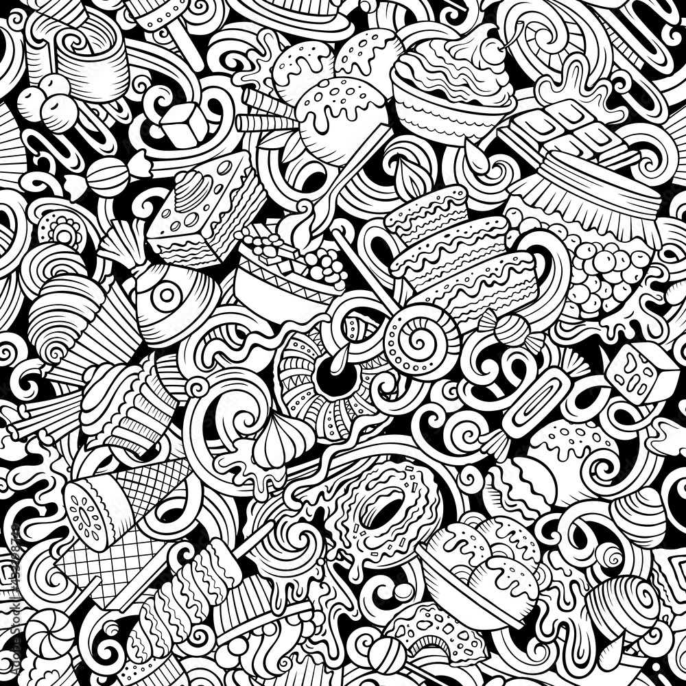 Cartoon doodles Desserts seamless pattern. Cartoon doodles Desserts seamless pattern.