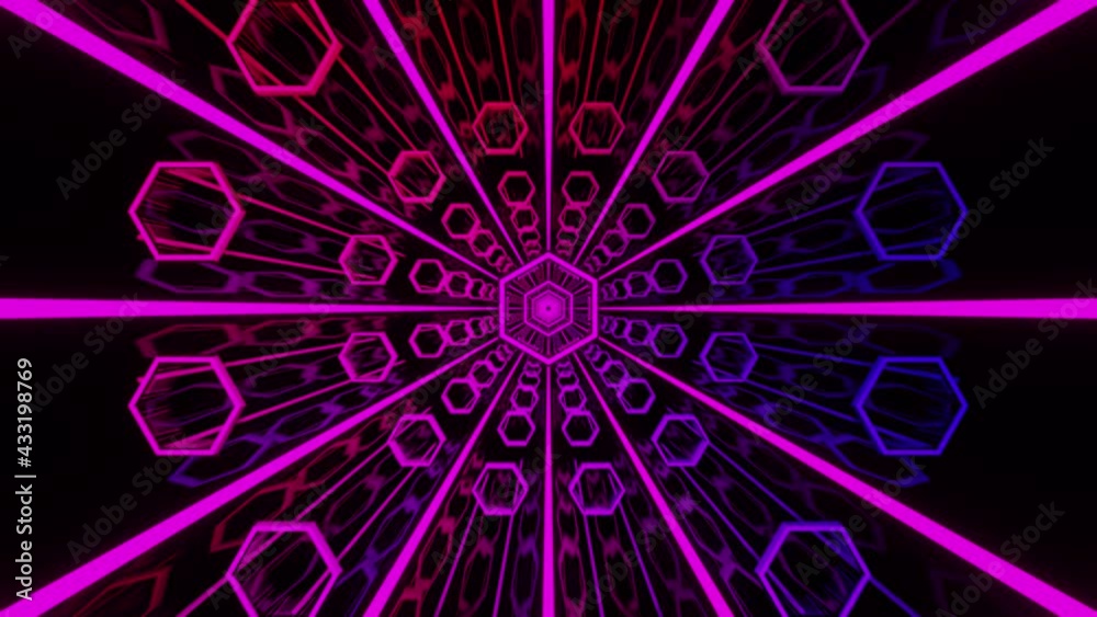 Bright hexagons fly towards you, surrounded by colorful sparkling rays. Loop animation for holidays, VJ, Loop animation