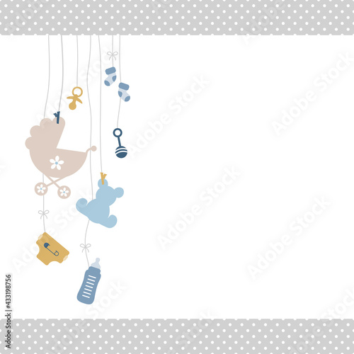 Links Hängende Babysymbole Junge Retroblau Senfgelb Kanten Punkte Grau