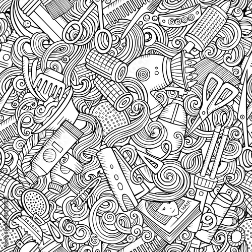 Hair Salon hand drawn doodles seamless pattern. Hairstyle background.