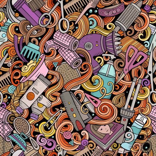 Hair Salon hand drawn doodles seamless pattern. Hairstyle background.