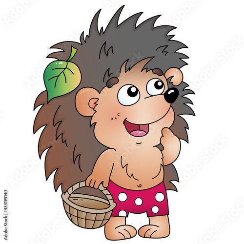 Cartoon small hedgehog with a basket for mushrooms. Colorful vector illustration for kids.