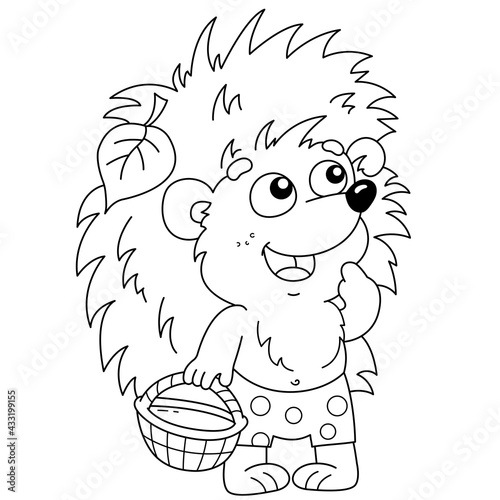 Coloring Page Outline Of cartoon small hedgehog with a basket for mushrooms. Coloring Book for kids.