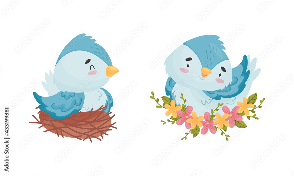 Cute Blue Bird Sitting in Floral Nest Vector Set