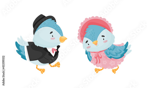 Cute Blue Bird Wearing Suit and Dress Vector Set