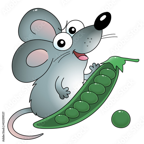 Cartoon little mouse with green pea pod. Colorful vector illustration for kids.