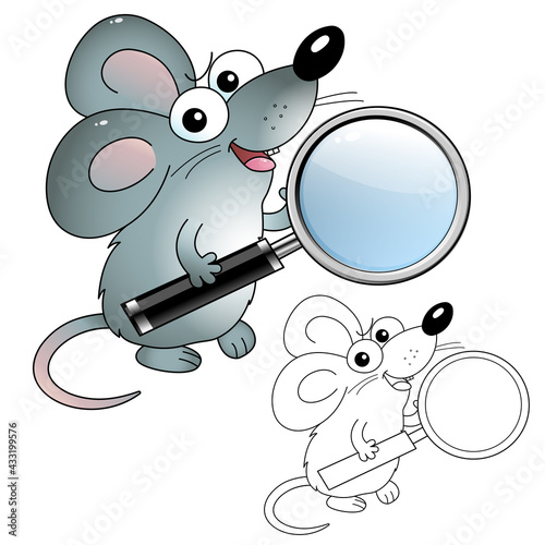Coloring Page Outline Of cartoon funny mouse with loupe. Little detective or explorer. Coloring Book for kids.