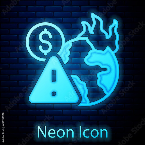 Glowing neon Global economic crisis icon isolated on brick wall background. World finance crisis. Vector