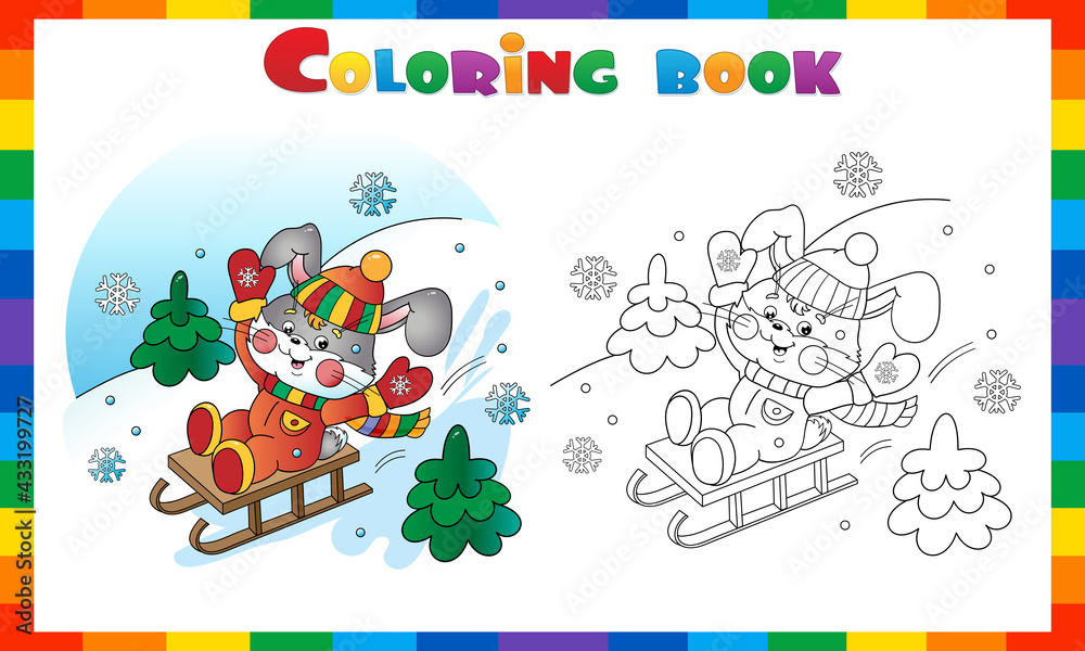 Coloring Page Outline of cartoon happy Bunny sledding. Winter activity. Coloring Book for kids.