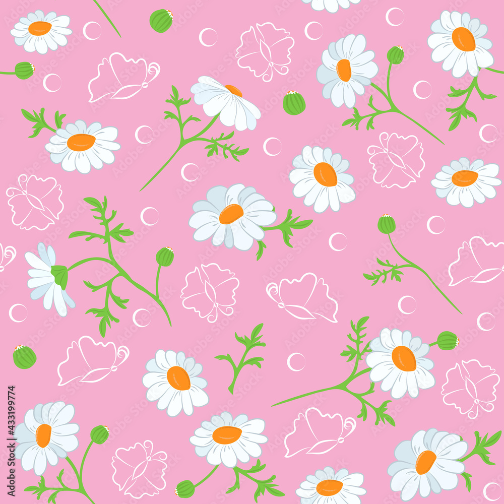 Seamless daisy pattern. Vector background with white chamomiles. Daisy flower, butterfly. Chamomile. Flat vector illustration, isolated objects 