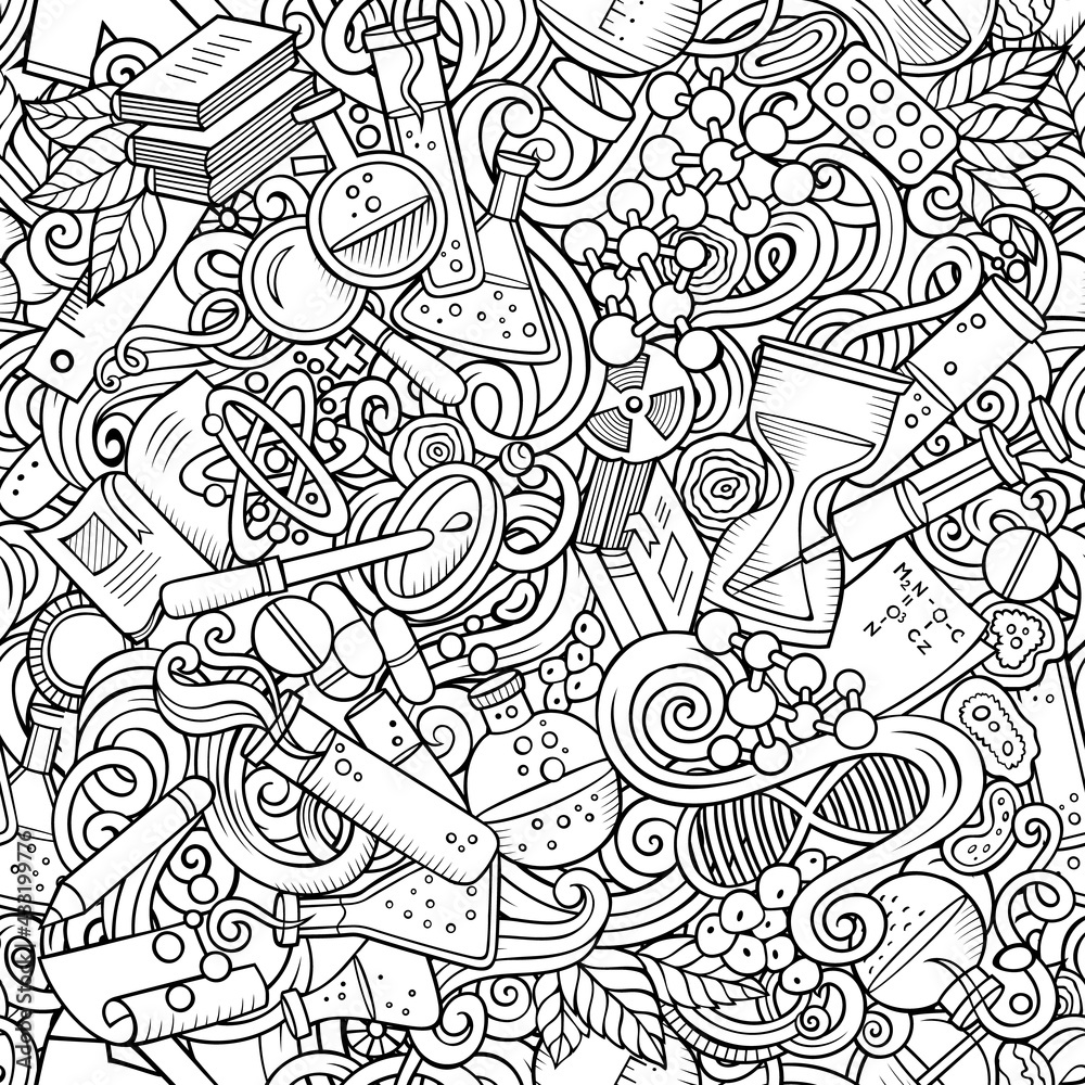 Science hand drawn doodles seamless pattern.