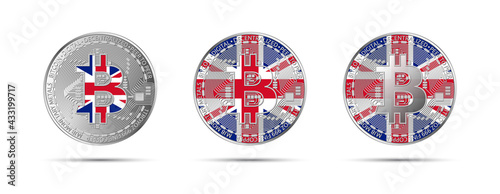 Three Bitcoin crypto coins with the flag of Great Britain. Money of the future. Modern cryptocurrency vector illustration