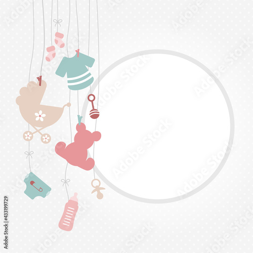 Links Hängende Babysymbole Mädchen Rosa Mintgrün Runde Rahmen Punkte Grau
