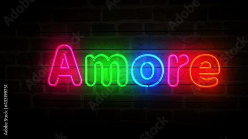 Amore love neon on brick wall. Light color bulbs with romantic sign. Abstract concept 3d animation. photo