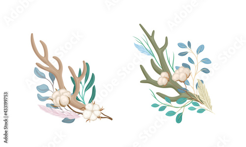 Deer Antlers Arranged with Tender Cotton Flowers and Green Twigs Vector Set