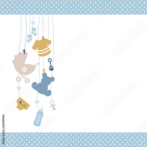 Links Hängende Babysymbole Junge Retroblau Senfgelb Kanten Punkte