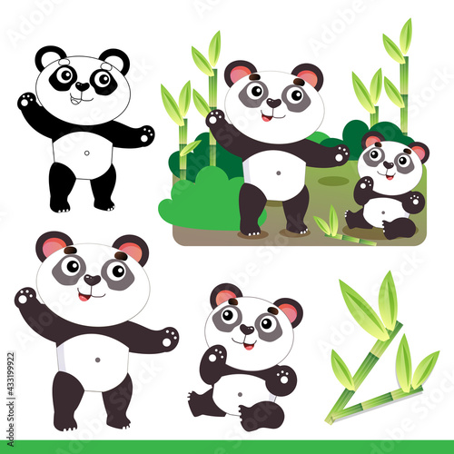 Φωτογραφία Cartoon panda with little cub and bamboo or sugar cane
