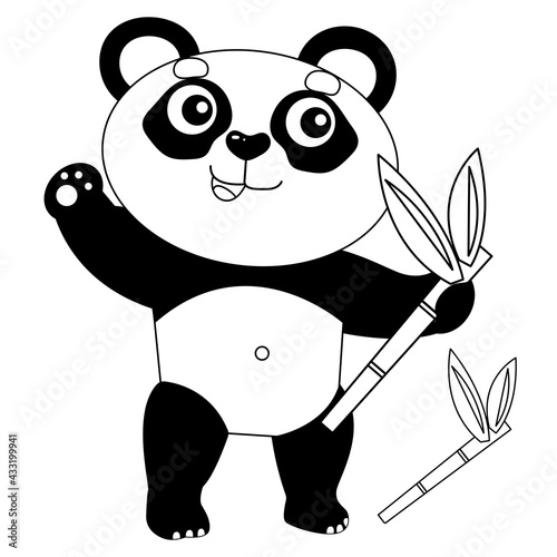 Εκτύπωση καμβά Coloring Page Outline Of cartoon little panda with bamboo or sugar cane
