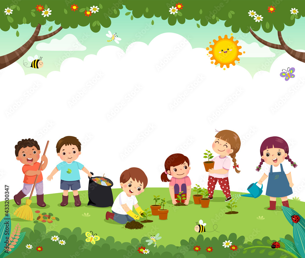 Template for advertising brochure with cartoon of kid volunteers plant trees in the park. Happy children work together to improve the environment. Template for advertising brochure with cartoon of kid volunteers plant trees in the park. Happy children work together to improve the environment.