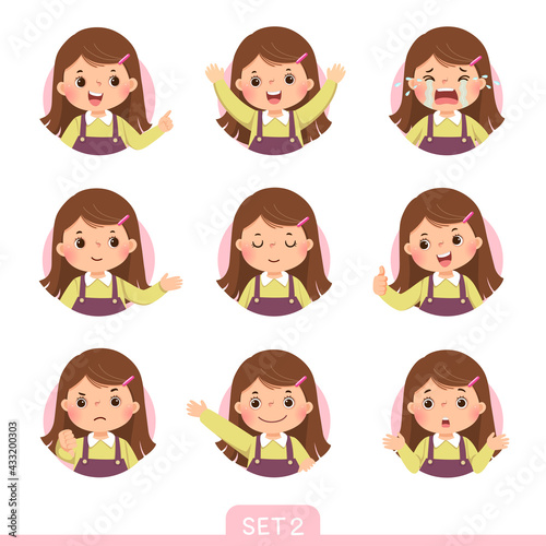 Vector cartoon set of a little girl in different postures with various emotions. Set 2 of 3.