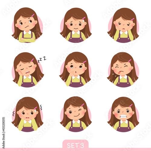 Vector cartoon set of a little girl in different postures with various emotions. Set 3 of 3.