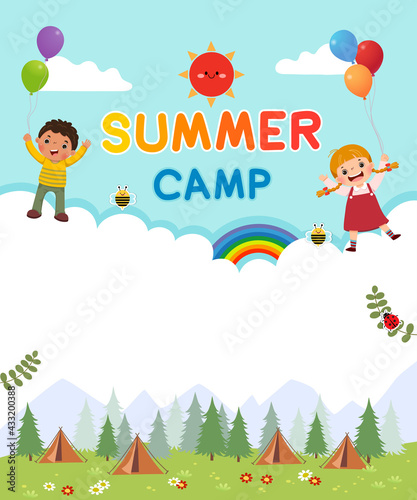 Template for advertising brochure with cartoon of boy and girl holding balloons. Kids summer camp poster.