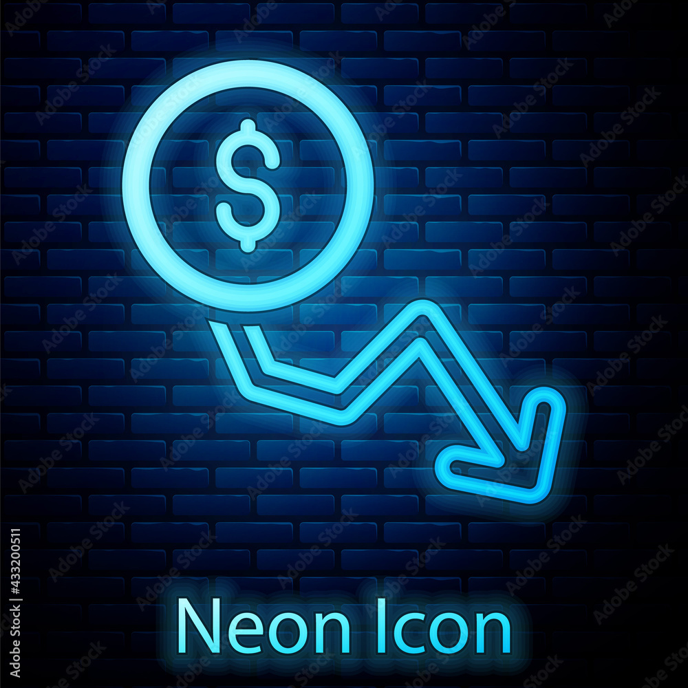 Glowing neon Dollar rate decrease icon isolated on brick wall background. Cost reduction. Money symbol with down arrow. Business lost crisis decrease. Vector Glowing neon Dollar rate decrease icon isolated on brick wall background. Cost reduction. Money symbol with down arrow. Business lost crisis decrease. Vector