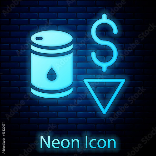 Glowing neon Drop in crude oil price icon isolated on brick wall background. Oil industry crisis concept. Vector