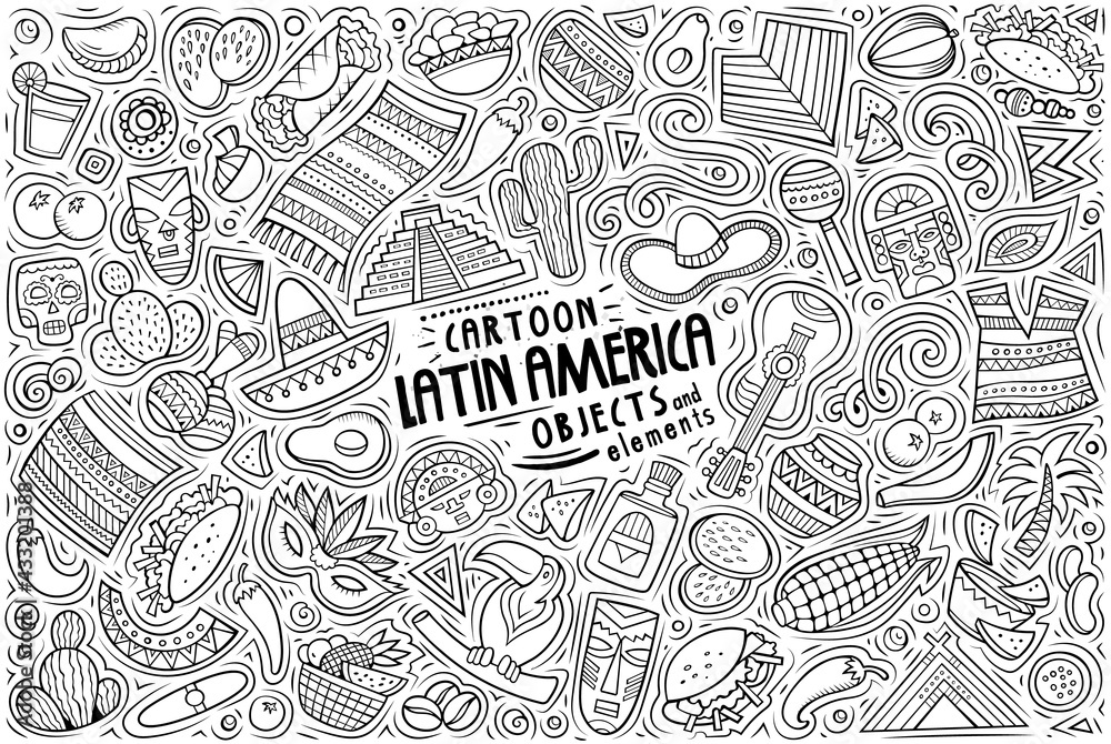 Vector doodle cartoon set of Latin American theme objects and symbols