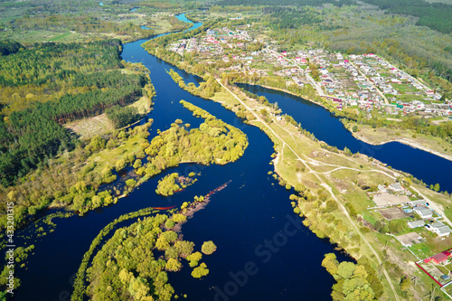 River floodplain landscape and green forest, aerial view photo